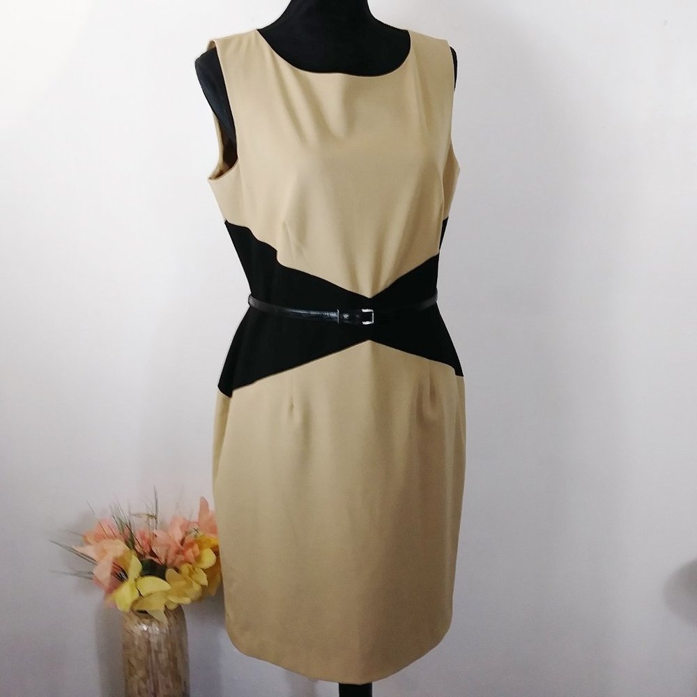 Calvin Klein Tan and Black Colorblock Midi Dress